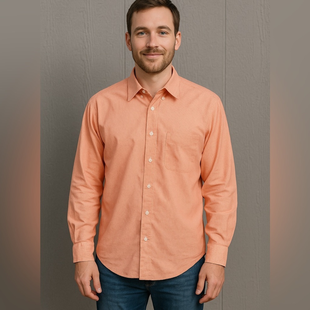 J.McLaughlin Button Down Oxford Orange White Striped‎ Work Dress Shirt Mens Lg